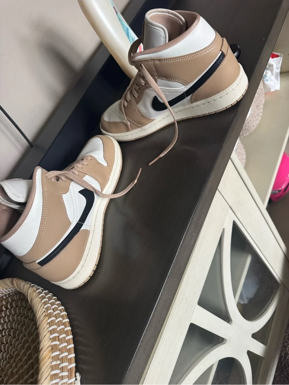 Jordan Mid Sneakers in White, Tan & Black
